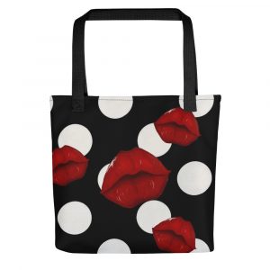 Big red lips with black and white polka dot in back ground tote bag