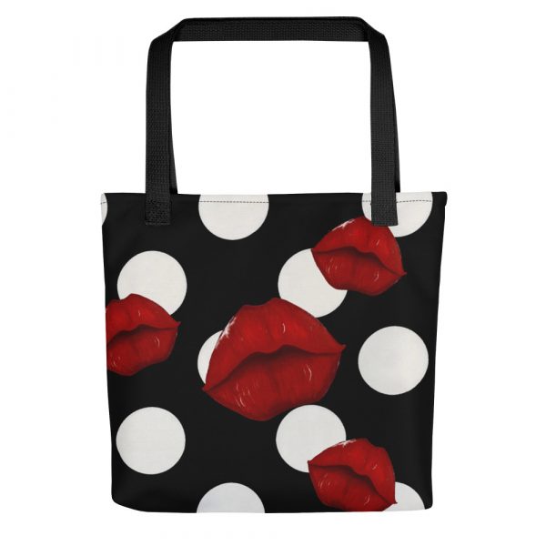 Big red lips with black and white polka dot in back ground tote bag