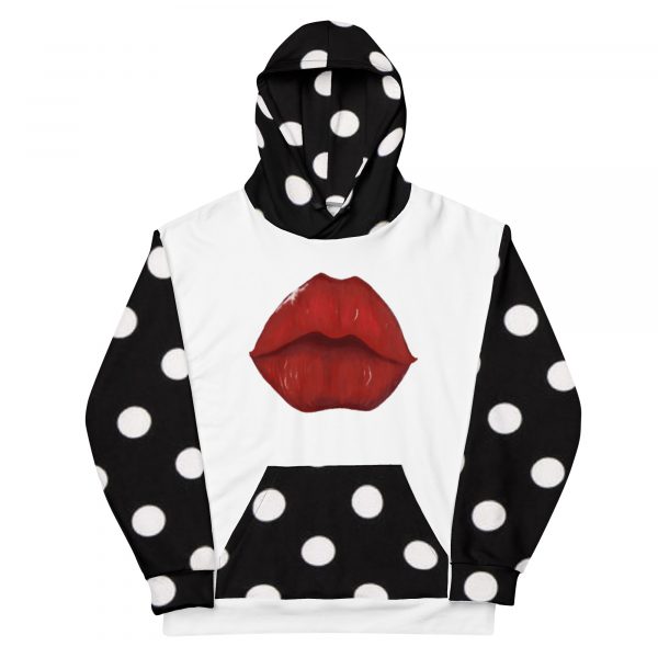 Big red lips airbrushed on black and white polkadot hoodie