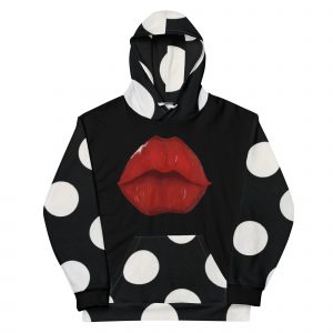 Big red lips airbrushed on black and white polkadot hoodie