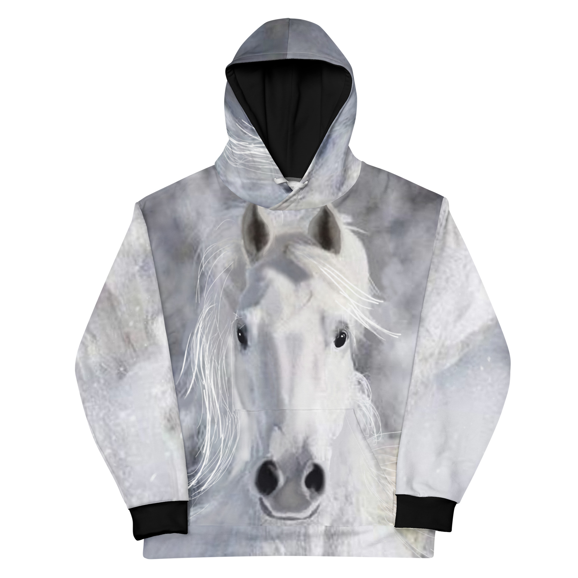 White Beauty Airbrushed Horse Hoodie with snowy background and black cuffs