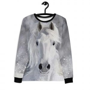White Beauty Airbrushed Horse Sweatshirt with snowy background and black cuffs