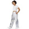 White Beauty Comfy Lounge Pants with white and gray horse airbrushed on leg in snowy background